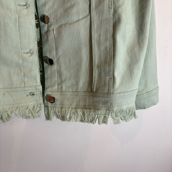 CELESTIAL BLUE Sz L Crochet Style Back Fringed 100% Cotton Mint Denim Jacket - Picture 5 of 9